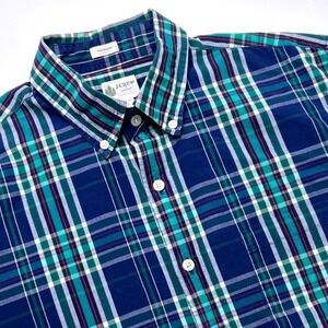 J.Crew Mens Button Down Flannel Shirt Blue Green Plaid Size M Tailored Cotton